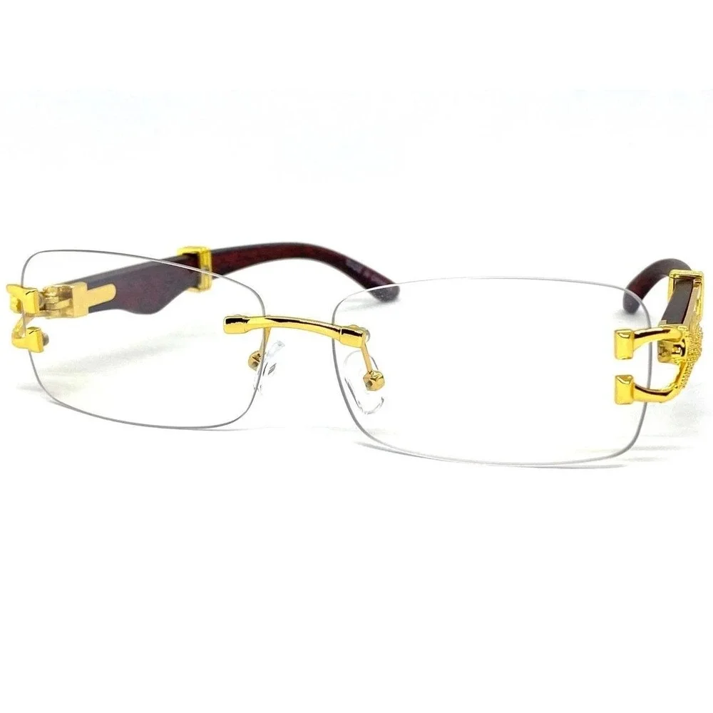 Rimless Rectangle Gold Cheetah Women Eyeglasses Clear Lens Wood Arms Fashion New